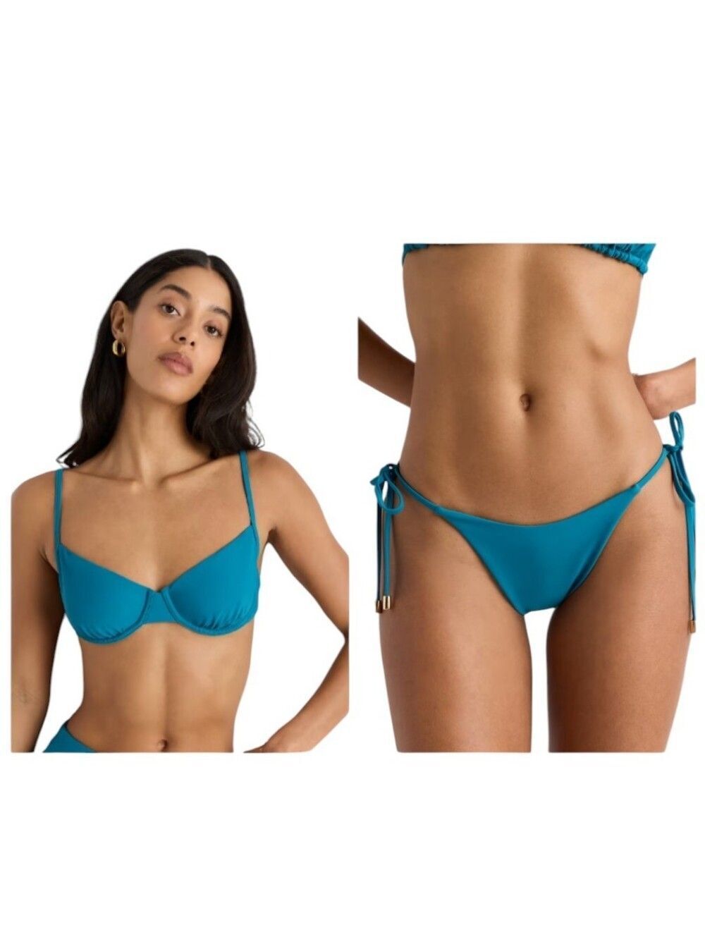 NWT Quince Bikini Set Demi Bikini Top Side-Tie Bottom Lagoon Teal blue Size M